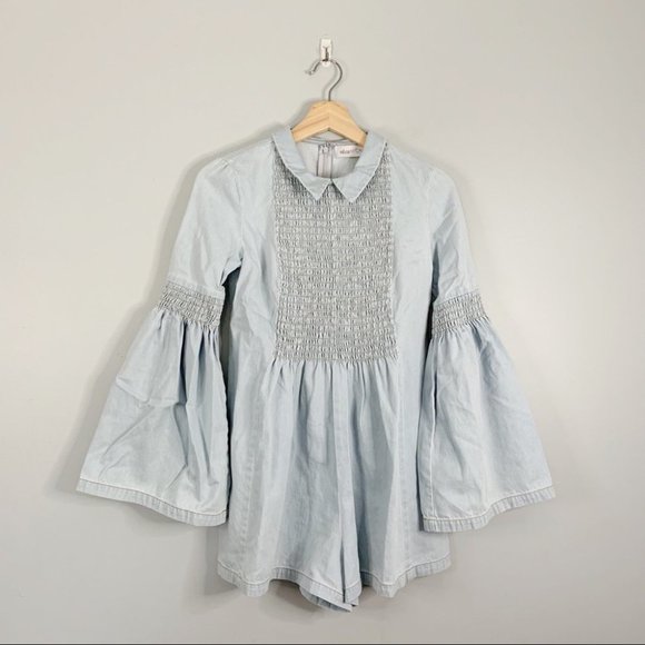 Alice McCall Night Is Young Denim Chambray Romper Shorts Smocked Bell Sleeve 2 S - Picture 2 of 12